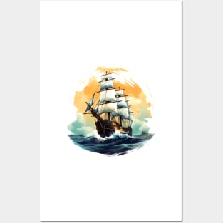 A vintage looking ship sails across the giant waves in a sunset enviornment 4 Posters and Art